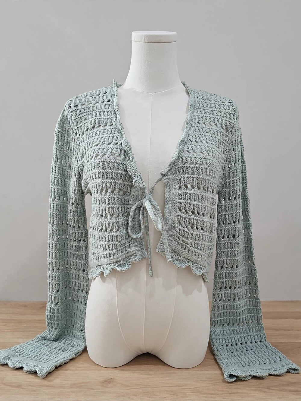 Pink Rose Sage Green Crochet Tie Front Cardigan Sweater Small S Cottagecore NWT